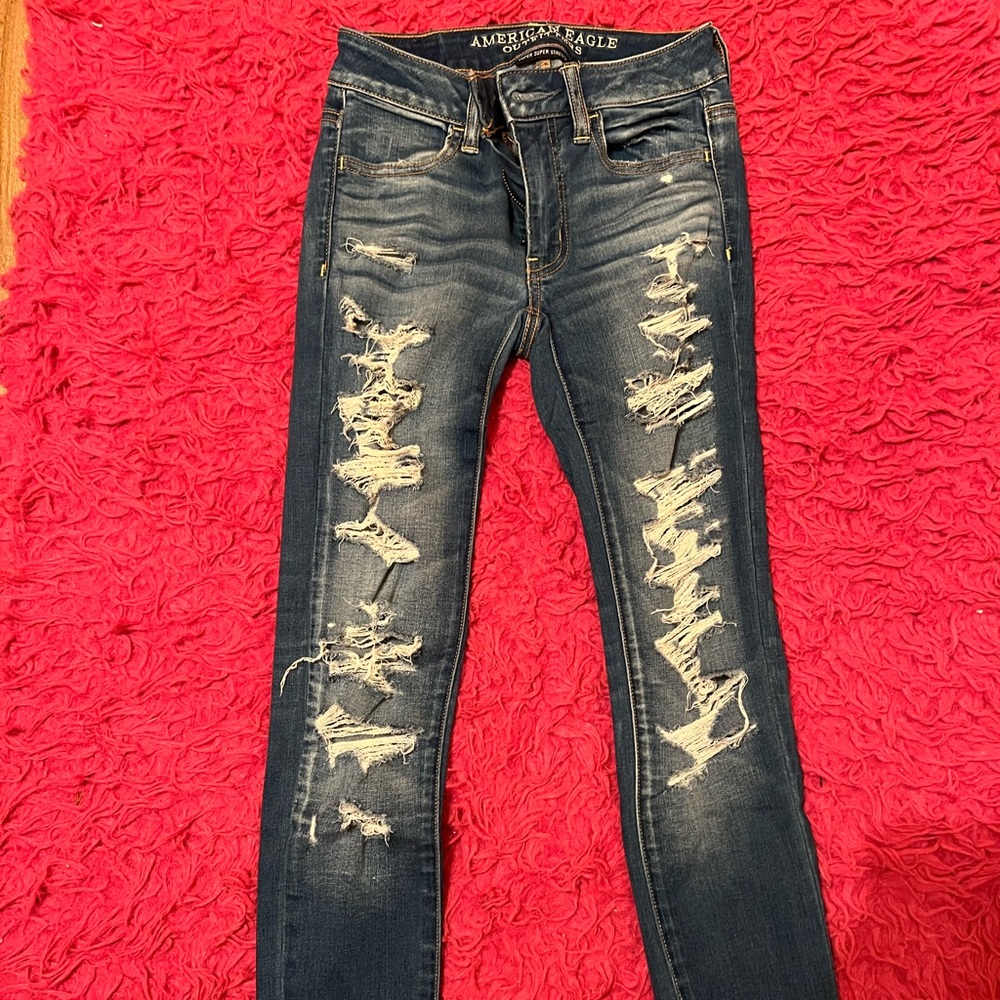 American Eagle Outfitters Dark Blue Distressed Skinny Jeans